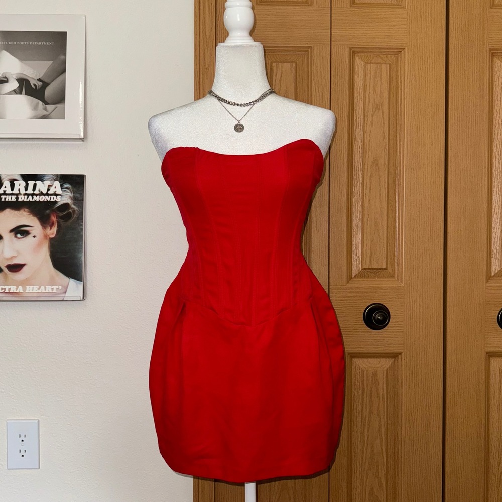 KZN Red Strapless Corset Mini Dress Boned Bodice Sweetheart Neck Small Coquette
